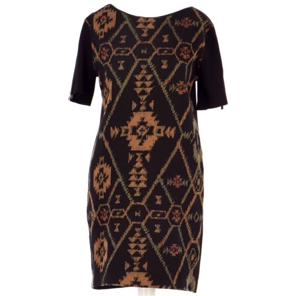SANDRO Santa Fe Ria Aztec Sheath Dress Sz 1 SM Wool Leather Zip Shoulder Accent - Picture 1 of 8